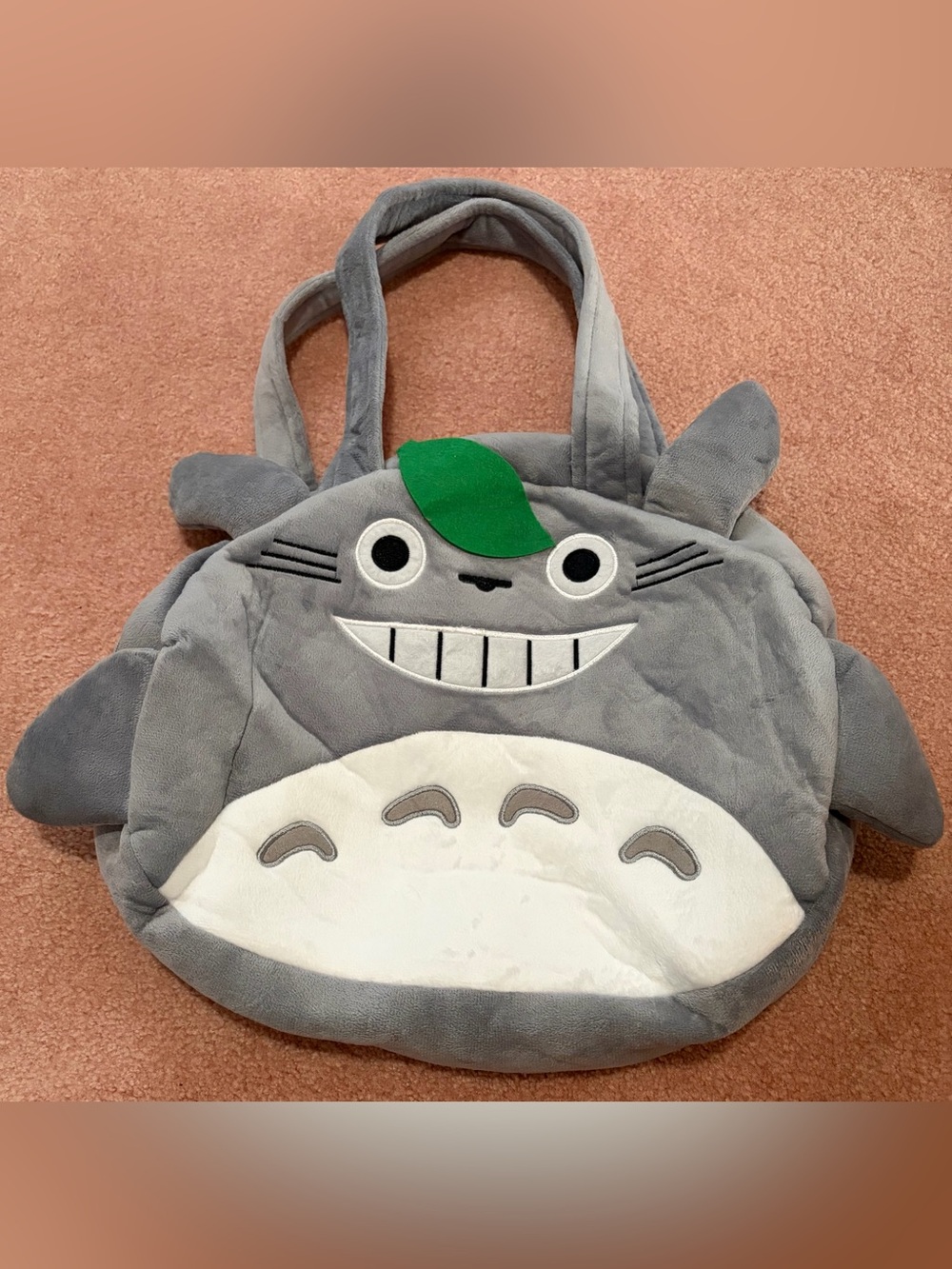NWOT Plush Gray Totoro-Inspired Tote with Leaf Accent